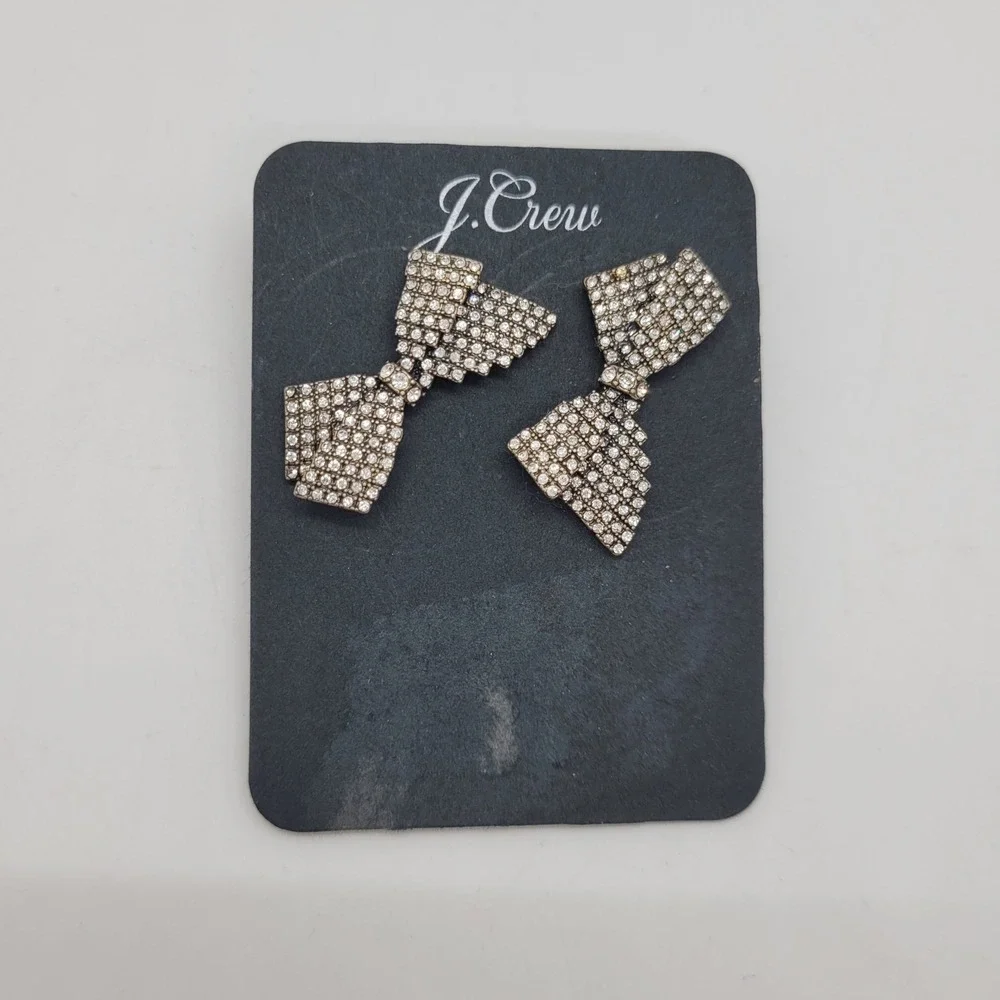 J.Crew Crystal Bow Stud Earrings Silver Tone Hypoallergenic NEW